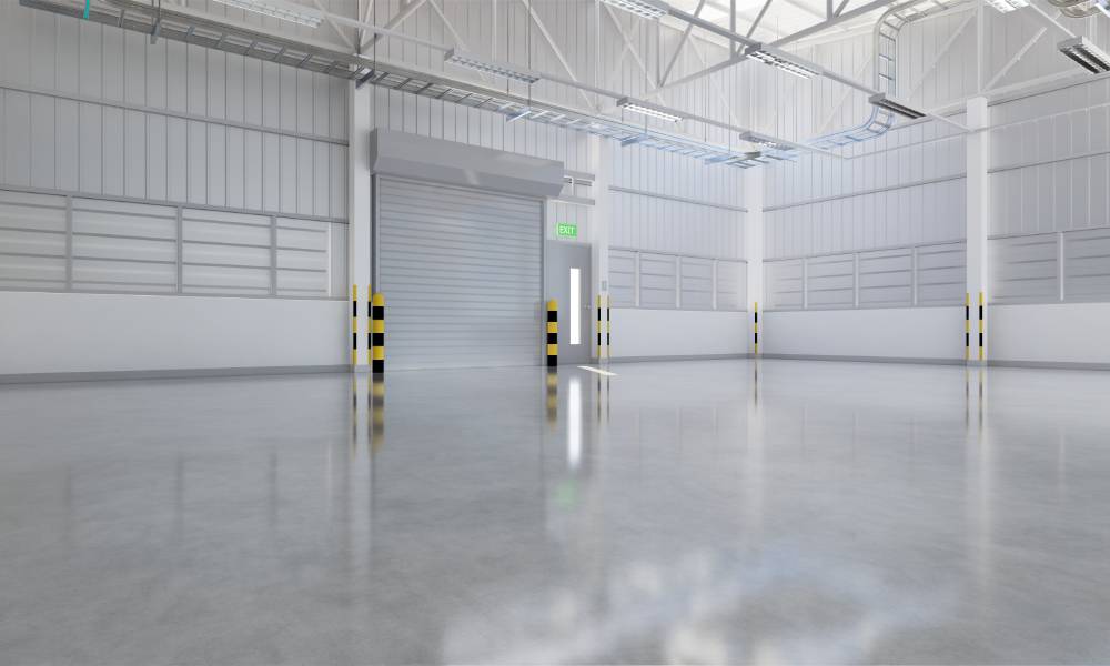 The interior of a large empty modern industrial factory or warehouse with shiny gray concrete flooring.